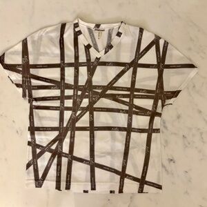 Hermès—White V-Neck T-Shirt w/ Black Stripes, XS